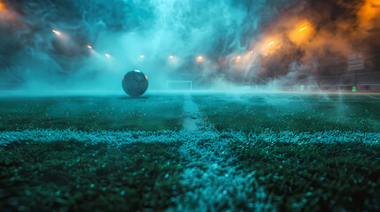 Wall Mural - textured soccer game field with neon fog - center, midfield ar 16:9