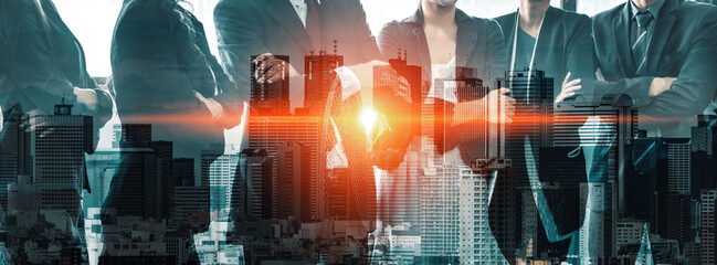 Wall Mural - double exposure image of many business people conference group meeting on city office building in ba