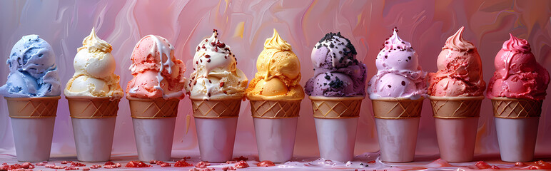 Wall Mural - Various flavors of ice cream in cones on a dark stone background. Summer and sweet menu concept
