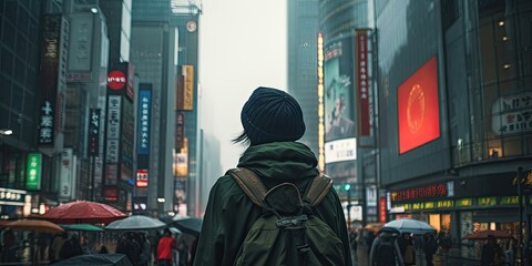 Wall Mural - A man with a backpack stands in the rain, facing a bustling city street