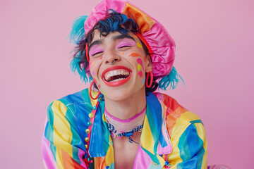 cute non binary person, happy and smiling, wearing funny and colorful pastel ouitfit ,  isolated on pastel background. pride month, lgbt, lgbtq+  community,  queer, 
gay, lesbian, gender, struggle fo