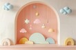 © Moonroad - 3d rendering. Abstract pastel color geometric shapes. Kids room. Baby shower. Birthday party. Playroom. Nursery. Scandinavian style.