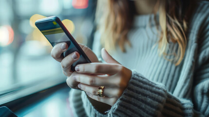 Poster - Digital banking, internet payment, online shopping, financial technology concept. Woman using mobile phone paying via mobile banking app