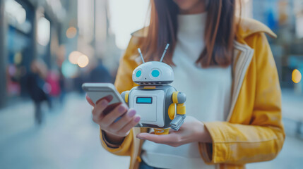 Poster - Digital chatbot, chat GPT, robot application, conversation assistant, AI Artificial Intelligence concept. Woman using mobile smart phone chatting with digital chatbot customer service