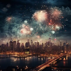 Poster - A fireworks display casting a magical glow over a bustling city skyline,