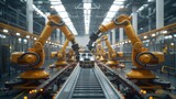 Fototapeta  - Building Car Factory: Automated Robotic Assembly Line for Electric Vehicles