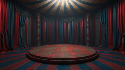 Wall Mural - An empty podium is the background of a circus stage, in front of a showcase for displaying goods. 3D rendering.
