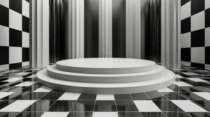 Wall Mural - The podium for the product is white and black, against the background of chess.   An empty showcase for displaying goods. 3D rendering.