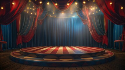 Wall Mural - An empty podium is the background of a circus stage, in front of a showcase for displaying goods. 3D rendering.