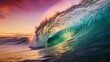 © venusvi - A photo of a wave with a rainbow forming inside of it.