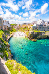 Wall Mural - Cityscape of Polignano a Mare beach, Puglia region, Italy, Europe.  Seascape of Adriatic sea