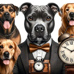 Wall Mural - Many dogs in a suit and a clock image realistic attractive art has illustrative.