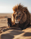 Fototapeta  - A lion holding a smartphone while looking at the camera. Smart lion uses phone to surf the internet in the desert. Poster. Perfect WiFi connection concept.