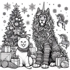 Poster - A cat and dog with a unicorn and a christmas tree realistic design card art.