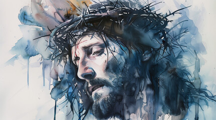 Wall Mural - Jesus christ with thorn crown, black and white, watercolor
