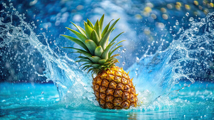 Wall Mural - A ripe pineapple chunk plunging into a pool, creating a tropical splash 