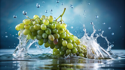 Wall Mural - A bunch of succulent grapes plunging into a pool of water, creating a refreshing cascade of splashes