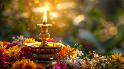 golden south indian oil lamp and colorful flowers for vishu festival traditional kerala new year celebration