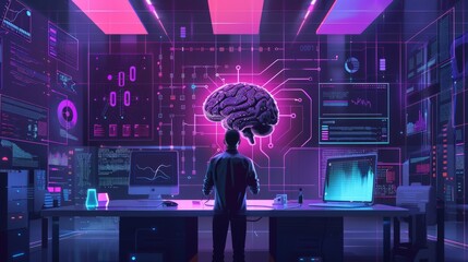 AI, data science, digital technology concept. Computer programmer using digital tablet with AI machine learning, data management system, cloud computing technology, software development 
