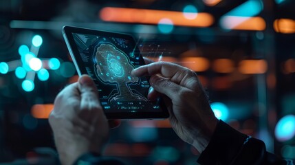 AI, data science, digital technology concept. Computer programmer using digital tablet with AI machine learning, data management system, cloud computing technology, software development 