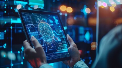 AI, data science, digital technology concept. Computer programmer using digital tablet with AI machine learning, data management system, cloud computing technology, software development 