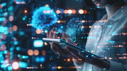 AI, data science, digital technology concept. Computer programmer using digital tablet with AI machine learning, data management system, cloud computing technology, software development 