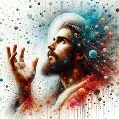 Wall Mural - A painting of a jesus christ with his hands up art illustration lively card design.