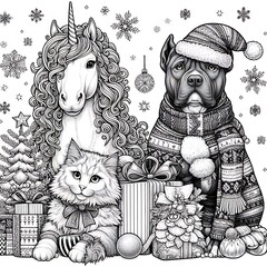 Wall Mural - A unicorn coloring pages black and white drawing includes drawing of a dog and a cat image art attractive has illustrative