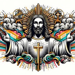 Wall Mural - A religious of jesus christ art of a jesus christ with a cross and clouds art meaning realistic design card.