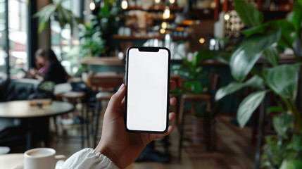 Poster - mockup, woman's hands holding mobile phone with blank screen in coffee shop, over shoulder view