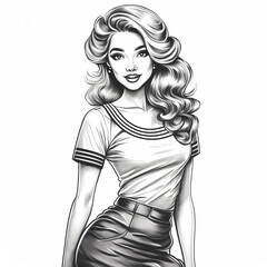 Black and white outline illustration of an attractive young woman with long curly hair.