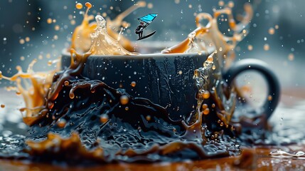 A cup of coffee with a butterfly on top of it is splashing water all over the ta