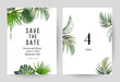 © lavendertime - Tropical flowers and leaves vector design cards. Sun rays light, sunset palm leaves, emerald monstera, jungle palm leaves frames. Exotic island wedding invitations. Elements are isolated and editable