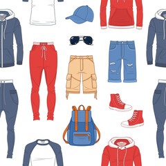 Wall Mural - Men's Sportswear Collection. Sport clothes, vector seamless pattern background