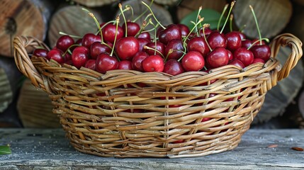Poster - A basket of freshly picked cherries with their stems still attached.