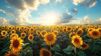Wall Mural - A picturesque sunflower field with a bright blue sky overhead.