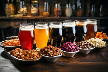 Variety of beer in glasses and snacks in bowls on the wooden counter in a pub. Beer tasting.