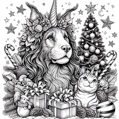 Wall Mural - A unicorn coloring pages black and white drawing includes drawing of a dog and cat image realistic lively used for printing.