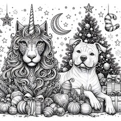 Wall Mural - A unicorn coloring pages black and white drawing includes drawing of a lion and a dog with a unicorn horn image harmony art harmony.