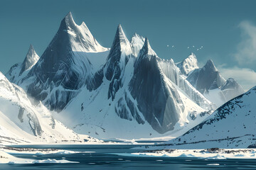 Rocky mountain with snow. Glacier in the mountains. Himalaya. Switzerland. Nepal. Alaska. Digital illustration, beautiful realistic mountain wallpaper. 
