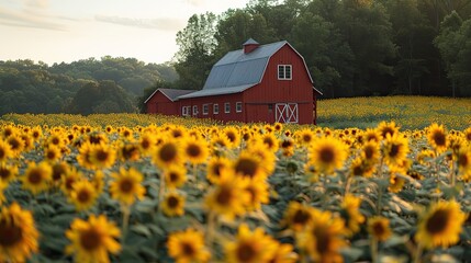 Wall Mural - A picturesque landscape with a red barn and a field of sunflowers.
