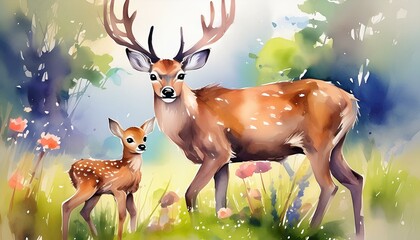 Poster - watercolor painting illustration of deer with his little cute cub