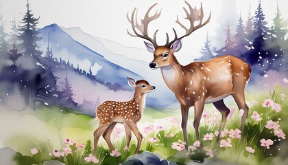 Wall Mural - watercolor painting illustration of deer with his little cute cub