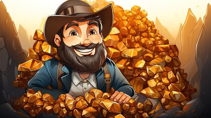 Cartoon Gold Miner with Hat and Beard Surrounded by Gold Nuggets in Mountain