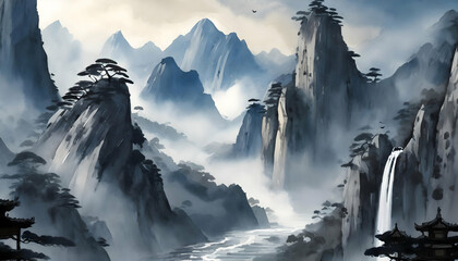 mountain range landscape painting featuring cliffs, waterfalls, and blue smoke clouds in the chines,