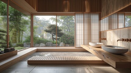 Wall Mural - Detailed view of a Japanese bathroom with a wooden bench, stone sink, and natural light from large windows