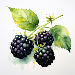 Wall Mural - Watercolor painting of ripe blackberry on white background. Juicy berry. Tasty summer harvest