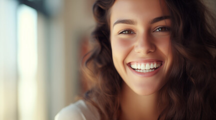 Big bright white smile headshot with a beautiful brunette woman sincere happy cheerful positive expression