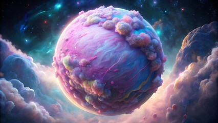 Canvas Print - Surreal planet, a vibrant mix of pink and blue, is surrounded by fluffy, cloud-like formations in the background of space, and the dreamlike celestial body resembles cotton candy. AI generated.