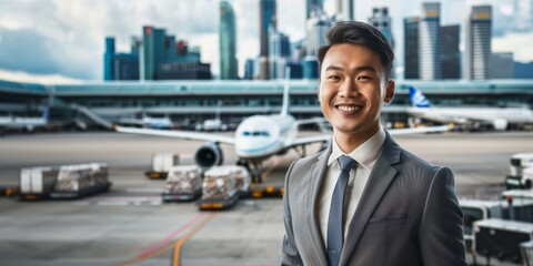 Portrait of a smiling asian young businessman in front of an airplane and city skyline